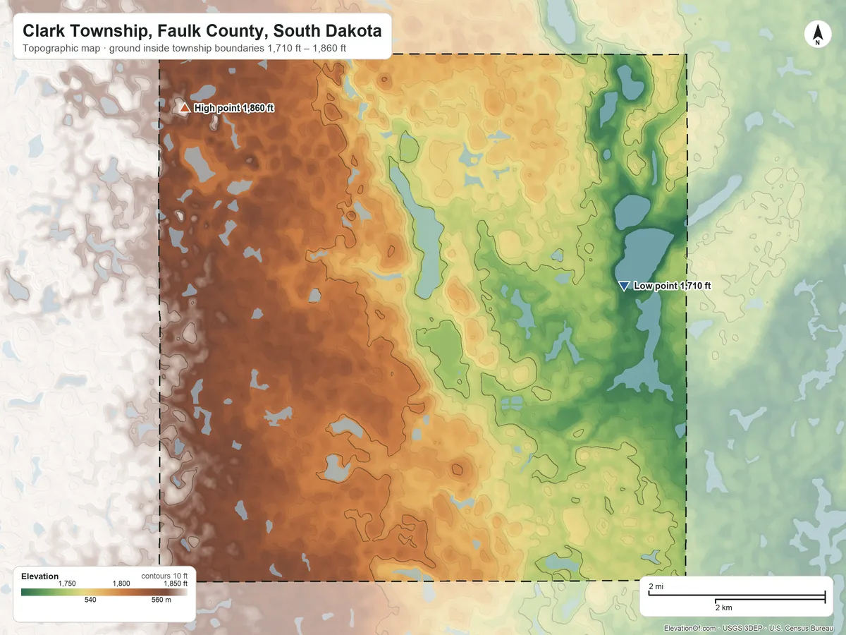 Topographic elevation map of Clark Township, Faulk County, South Dakota, shaded from 1,710 ft on the east side to 1,860 ft on the northwest side