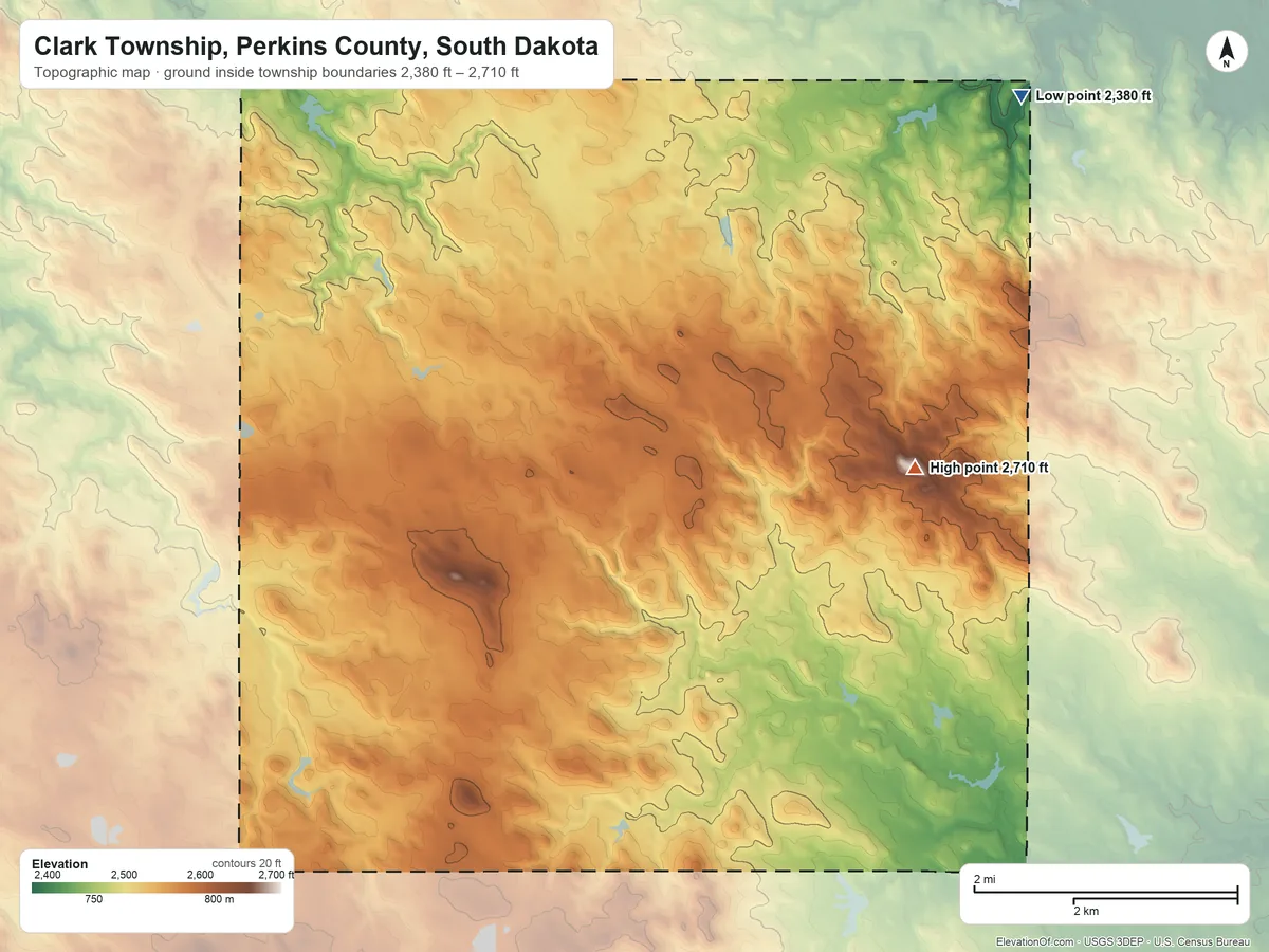 Topographic elevation map of Clark Township, Perkins County, South Dakota, shaded from 2,380 ft on the northeast side to 2,710 ft on the east side