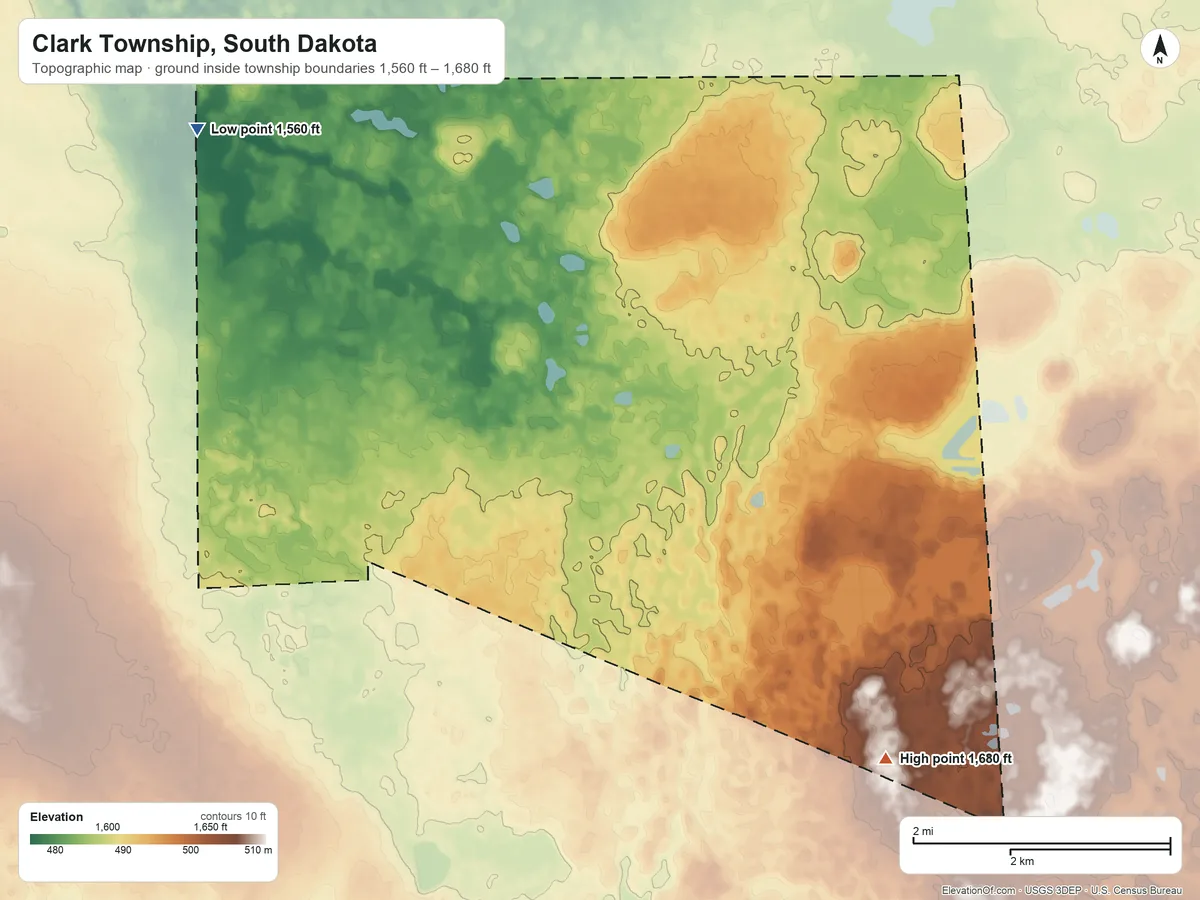 Topographic elevation map of Clark Township, South Dakota, shaded from 1,560 ft on the west side to 1,680 ft on the south side