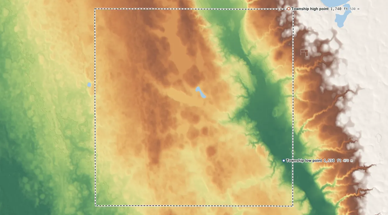 Topographic elevation map of Clarno Township, South Dakota, shaded from 1,550 ft on the southeast side to 1,740 ft on the northeast side