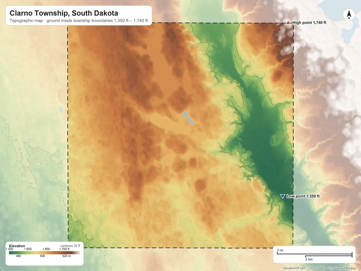 Topographic elevation map of Clarno Township, South Dakota, shaded from 1,550 ft on the southeast side to 1,740 ft on the northeast side