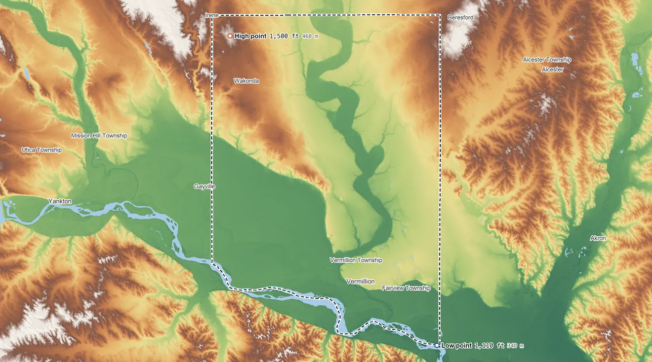 Topographic elevation map of Clay County, South Dakota, shaded from 1,110 ft on the southeast side to 1,500 ft on the northwest side