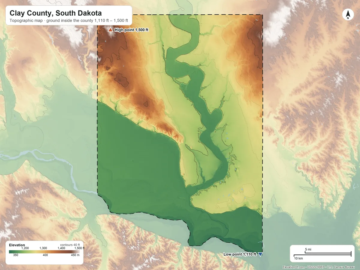 Topographic elevation map of Clay County, South Dakota, shaded from 1,110 ft on the southeast side to 1,500 ft on the northwest side