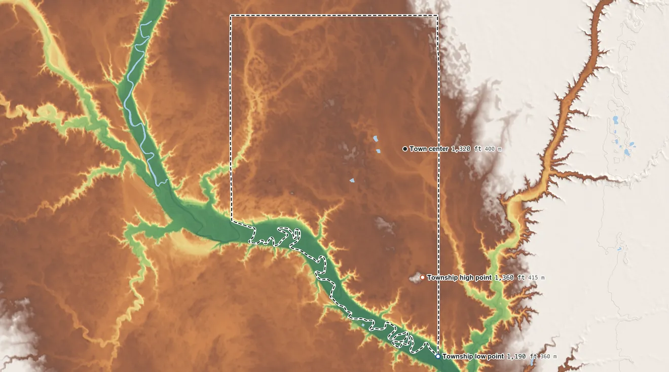 Topographic elevation map of Clayton Township, South Dakota, shaded from 1,190 ft on the south side to 1,360 ft on the south side
