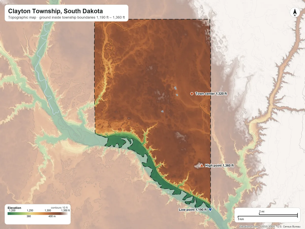 Topographic elevation map of Clayton Township, South Dakota, shaded from 1,190 ft on the south side to 1,360 ft on the south side