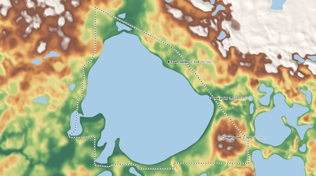 Topographic elevation map of Clear Lake, Marshall County, South Dakota, shaded from 1,820 ft on the southeast side to 1,900 ft on the southeast side