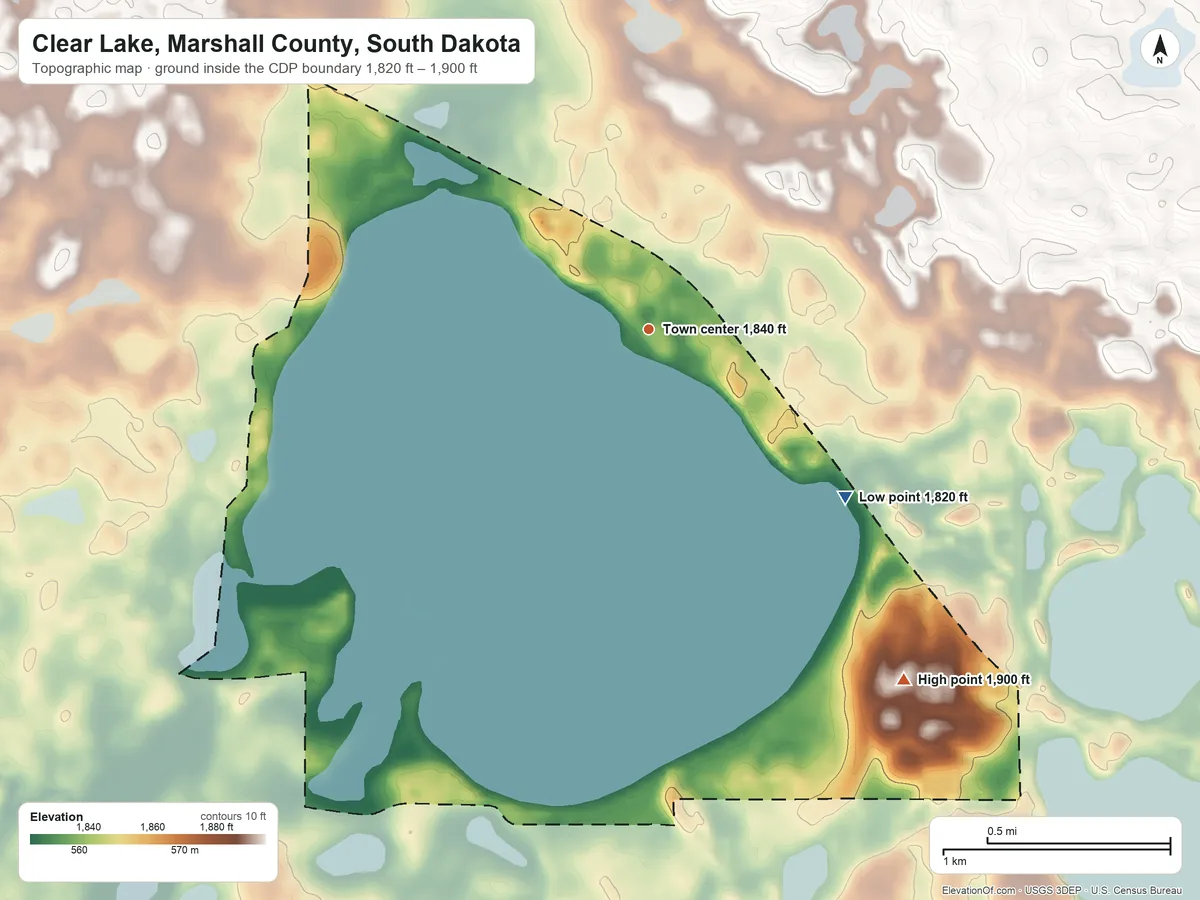 Topographic elevation map of Clear Lake, Marshall County, South Dakota, shaded from 1,820 ft on the southeast side to 1,900 ft on the southeast side
