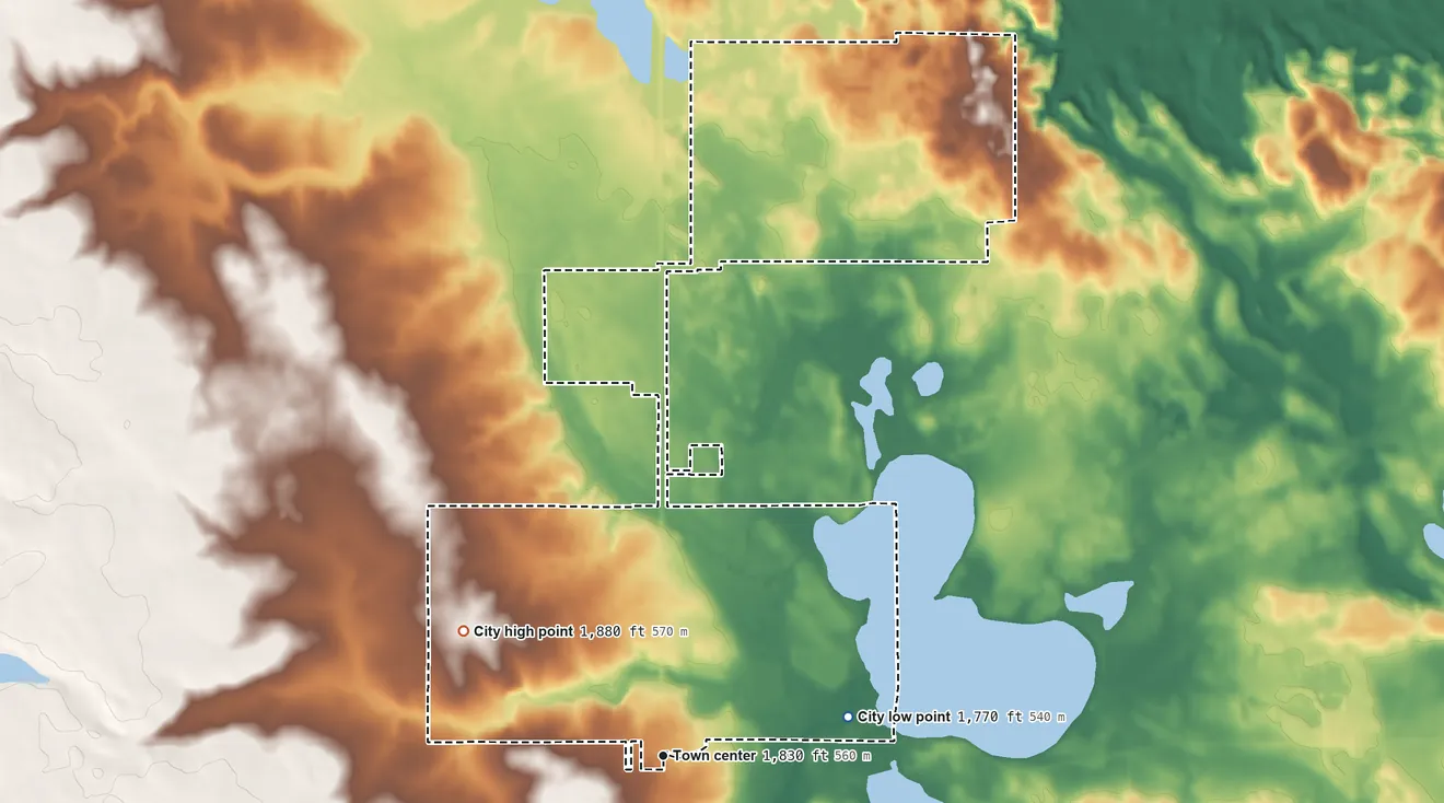 Topographic elevation map of Clear Lake, South Dakota, shaded from 1,770 ft on the east side to 1,880 ft on the northwest side