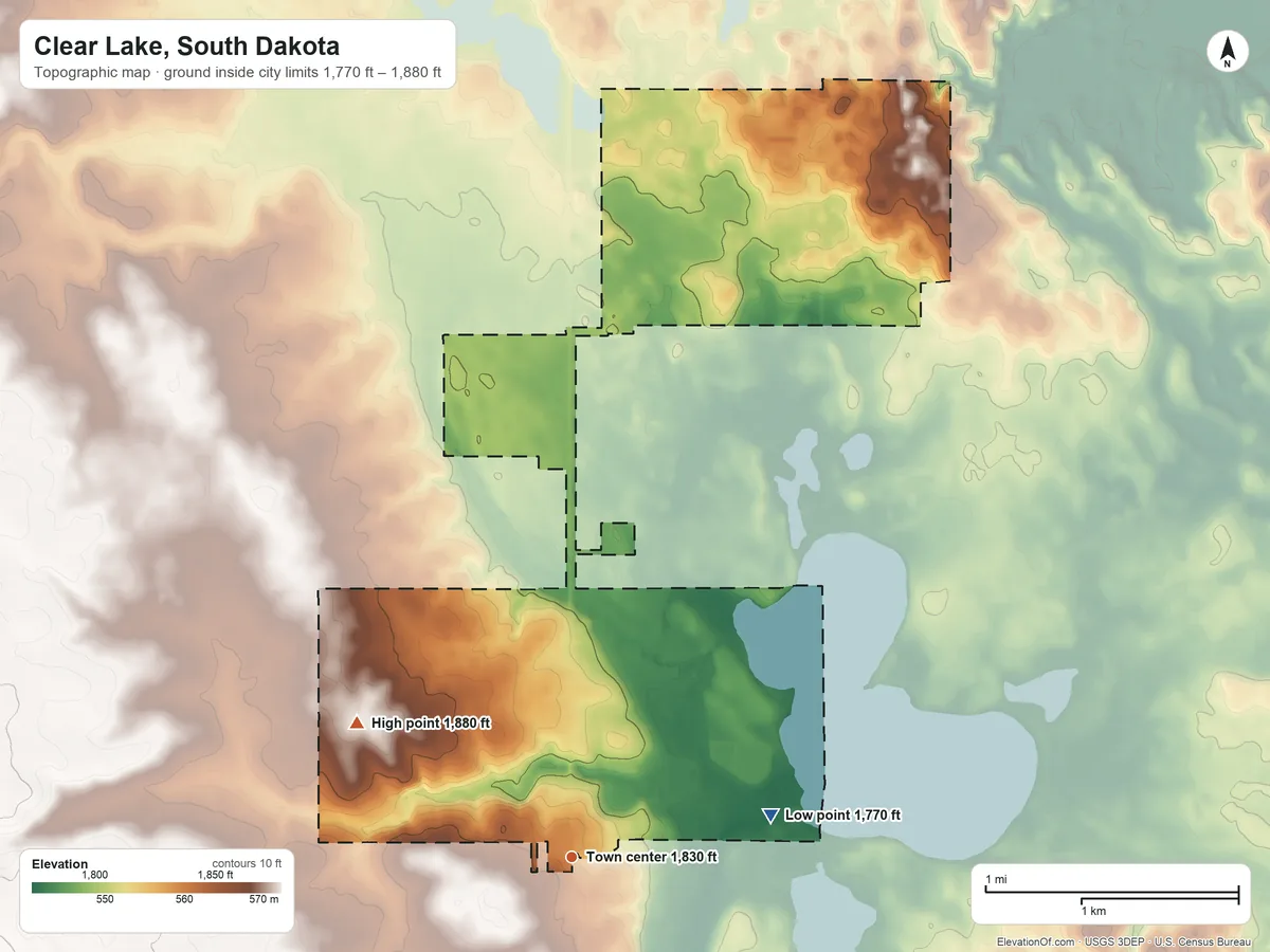 Topographic elevation map of Clear Lake, South Dakota, shaded from 1,770 ft on the east side to 1,880 ft on the northwest side