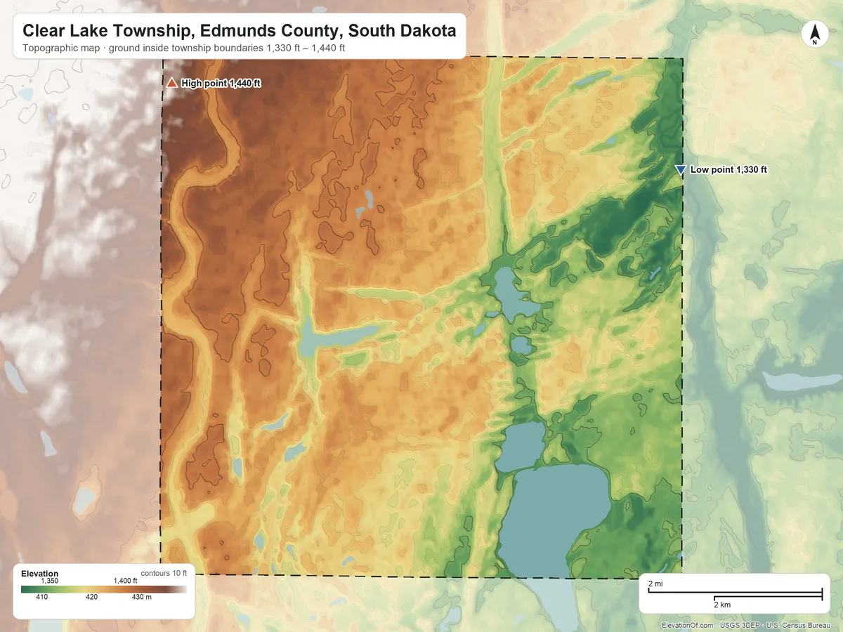 Topographic elevation map of Clear Lake Township, Edmunds County, South Dakota, shaded from 1,330 ft on the northeast side to 1,440 ft on the northwest side