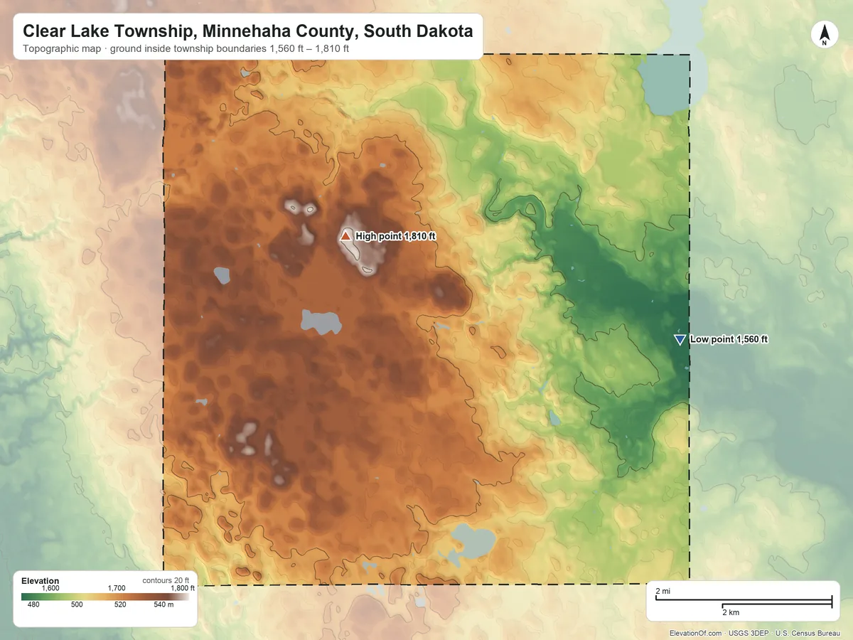 Topographic elevation map of Clear Lake Township, Minnehaha County, South Dakota, shaded from 1,560 ft on the east side to 1,810 ft on the west side