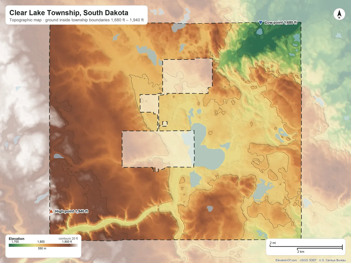 Topographic elevation map of Clear Lake Township, South Dakota, shaded from 1,680 ft on the northeast side to 1,940 ft on the southwest side