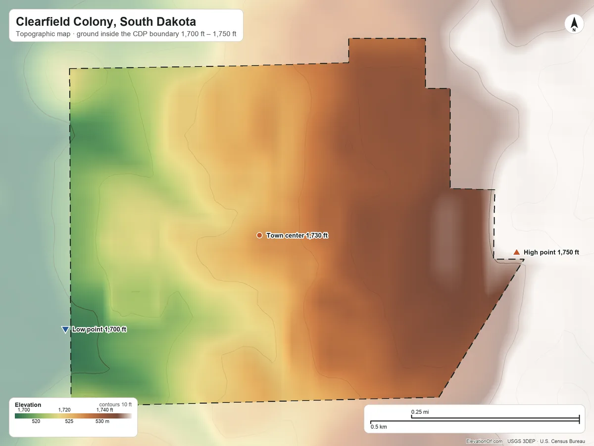 Topographic elevation map of Clearfield Colony, South Dakota, shaded from 1,700 ft on the southwest side to 1,750 ft on the east side