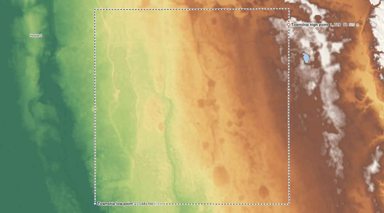 Topographic elevation map of Clearwater Township, South Dakota, shaded from 1,540 ft on the southwest side to 1,720 ft on the northeast side
