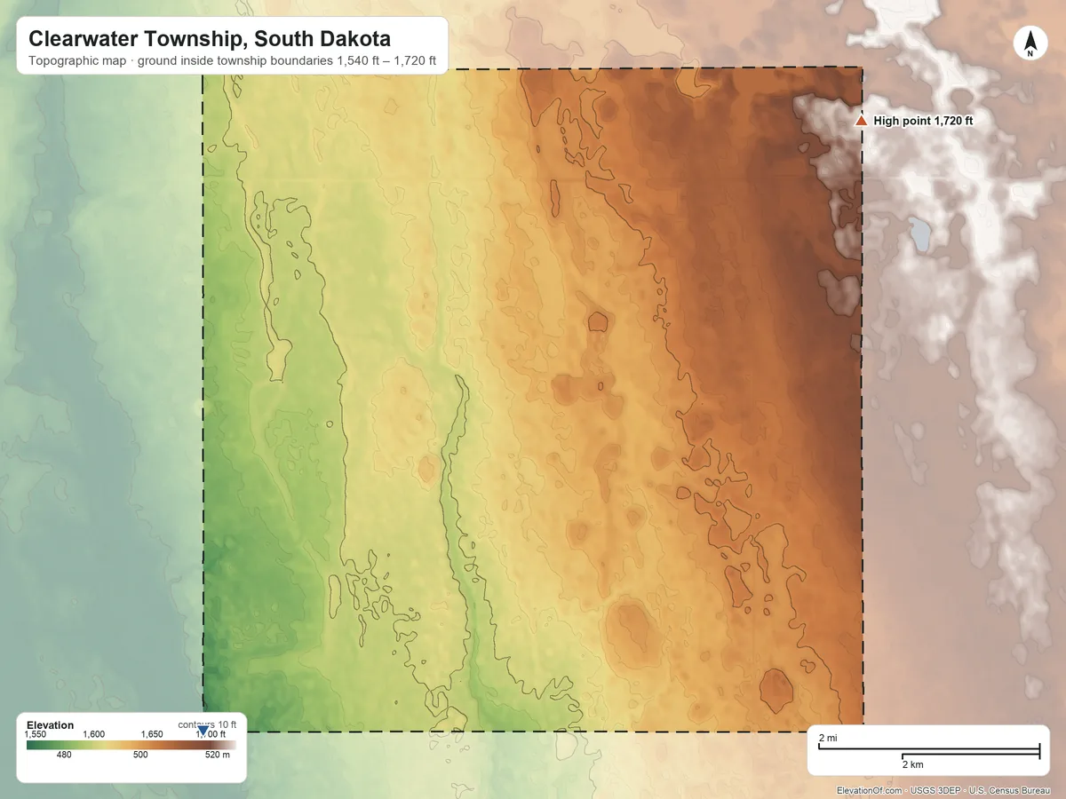 Topographic elevation map of Clearwater Township, South Dakota, shaded from 1,540 ft on the southwest side to 1,720 ft on the northeast side