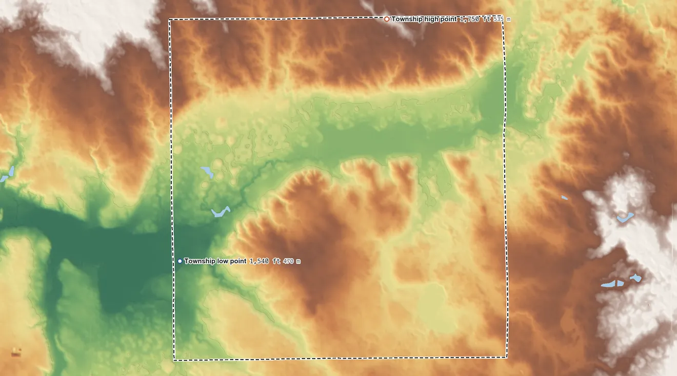 Topographic elevation map of Cleveland Township, Brule County, South Dakota, shaded from 1,540 ft on the west side to 1,750 ft on the northeast side