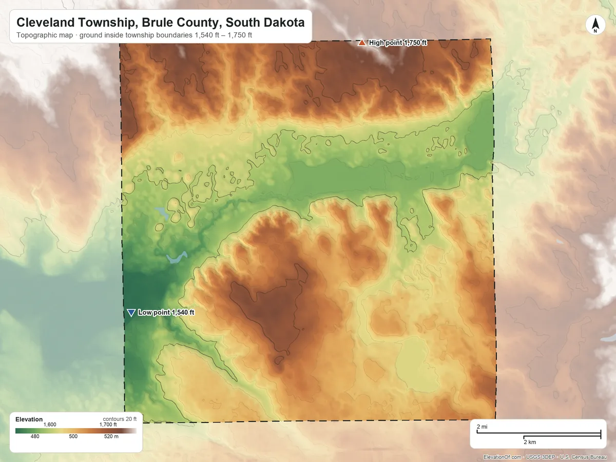 Topographic elevation map of Cleveland Township, Brule County, South Dakota, shaded from 1,540 ft on the west side to 1,750 ft on the northeast side