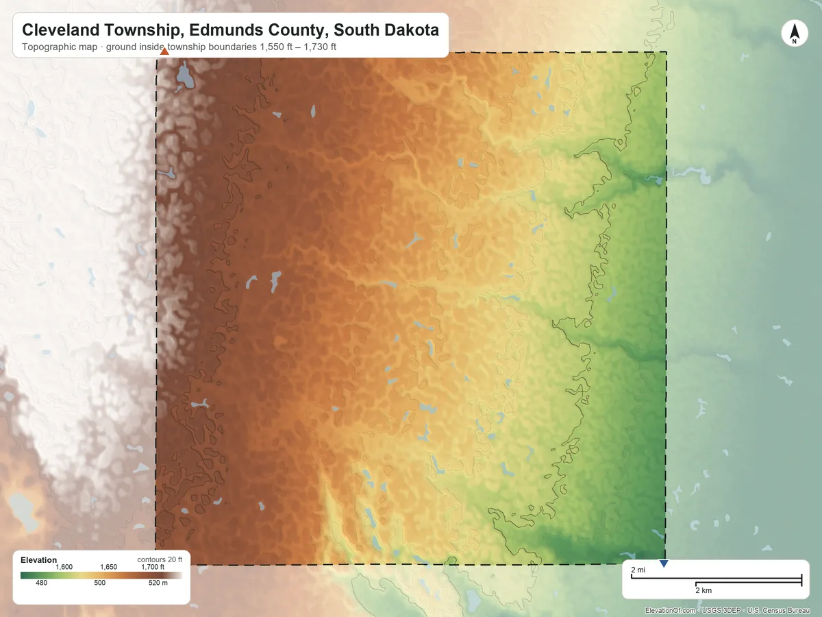 Topographic elevation map of Cleveland Township, Edmunds County, South Dakota, shaded from 1,550 ft on the south side to 1,730 ft on the west side