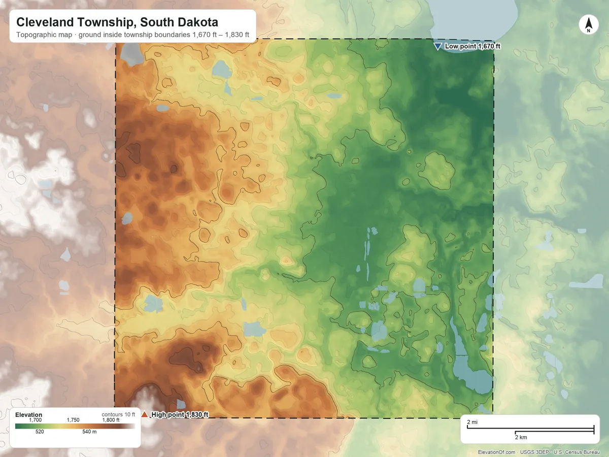 Topographic elevation map of Cleveland Township, South Dakota, shaded from 1,670 ft on the northeast side to 1,830 ft on the southwest side
