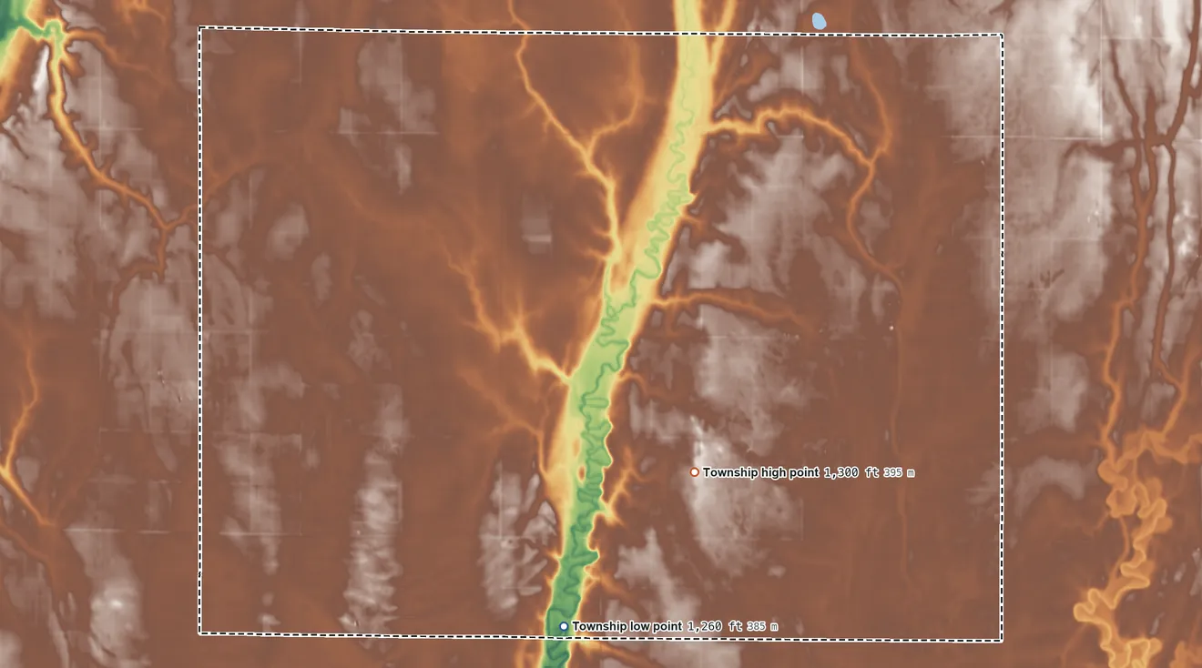 Topographic elevation map of Clifton Township, Spink County, South Dakota, shaded from 1,260 ft on the south side to 1,300 ft on the south side