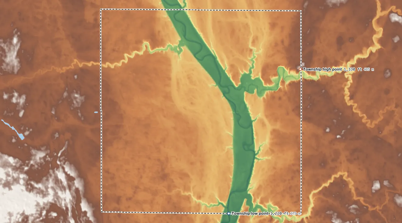 Topographic elevation map of Clifton Township, South Dakota, shaded from 1,220 ft on the south side to 1,330 ft on the east side