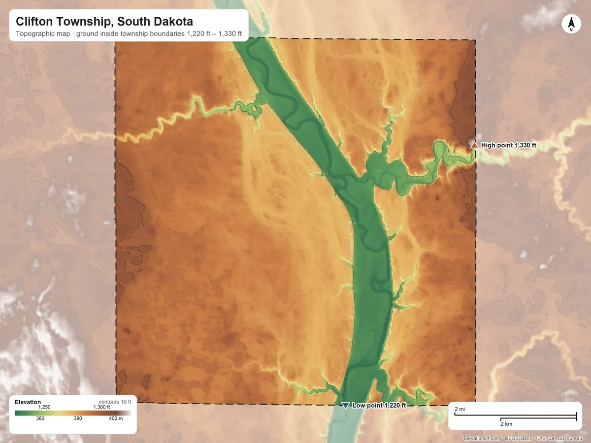 Topographic elevation map of Clifton Township, South Dakota, shaded from 1,220 ft on the south side to 1,330 ft on the east side