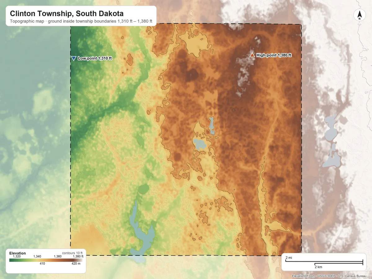 Topographic elevation map of Clinton Township, South Dakota, shaded from 1,310 ft on the northwest side to 1,380 ft on the northeast side