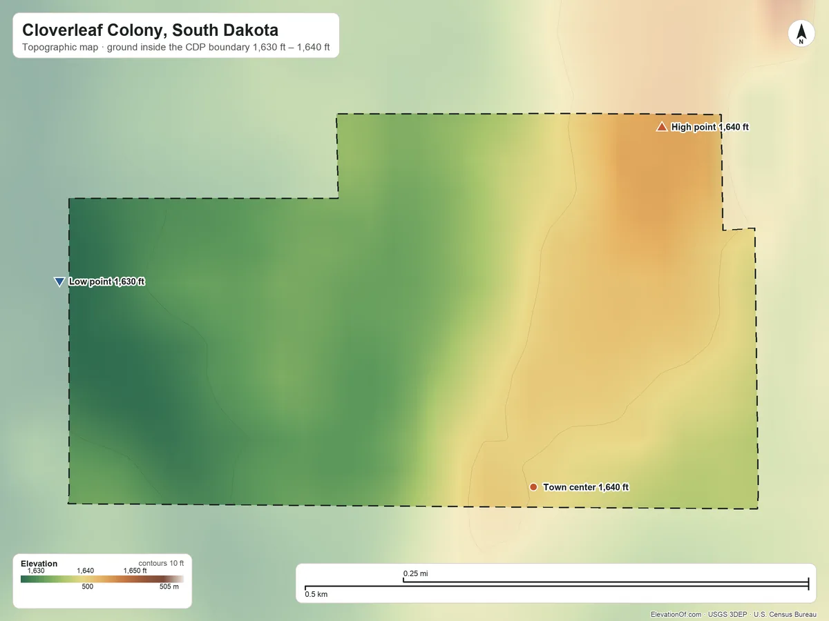 Topographic elevation map of Cloverleaf Colony, South Dakota, shaded from 1,630 ft on the northwest side to 1,640 ft on the north side