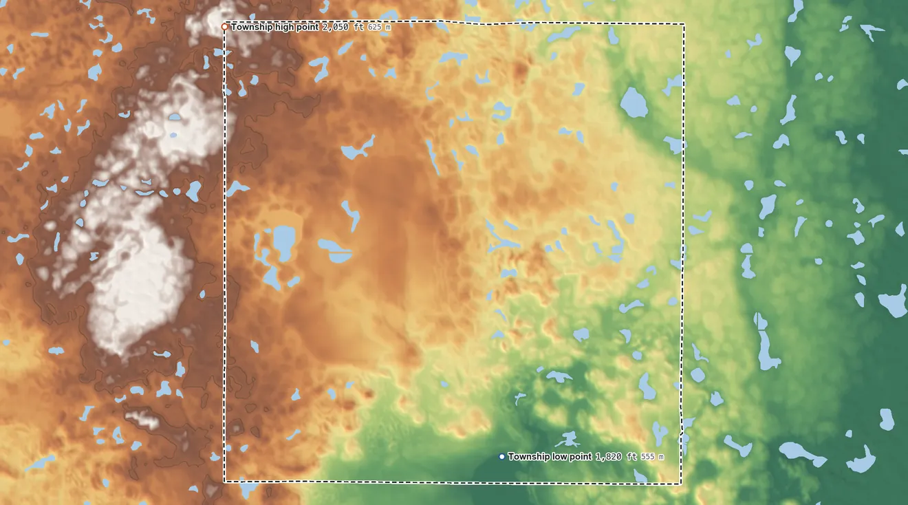 Topographic elevation map of Cloyd Valley Township, South Dakota, shaded from 1,820 ft on the south side to 2,050 ft on the northwest side