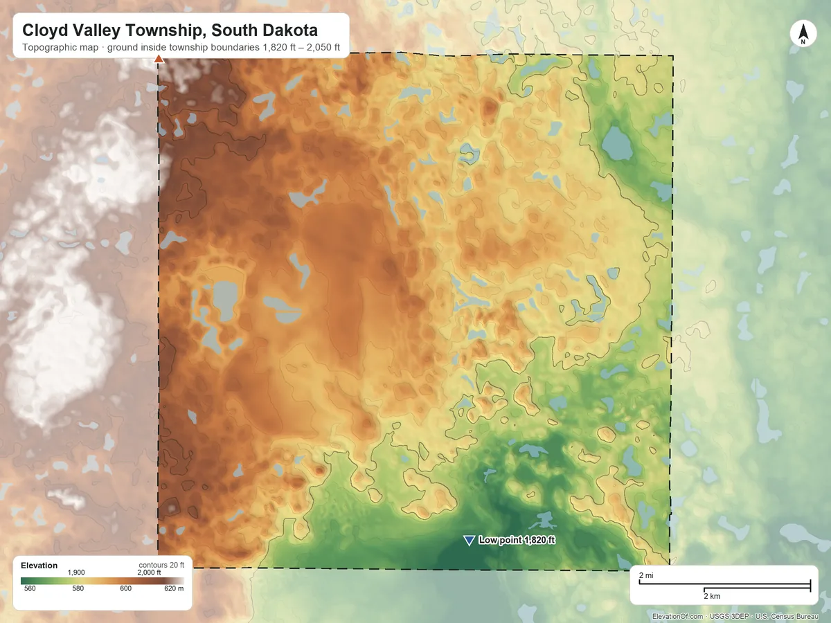 Topographic elevation map of Cloyd Valley Township, South Dakota, shaded from 1,820 ft on the south side to 2,050 ft on the northwest side