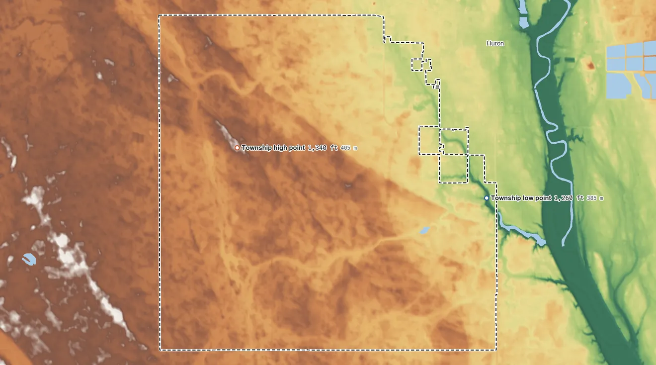 Topographic elevation map of Clyde Township, South Dakota, shaded from 1,260 ft on the east side to 1,340 ft on the west side