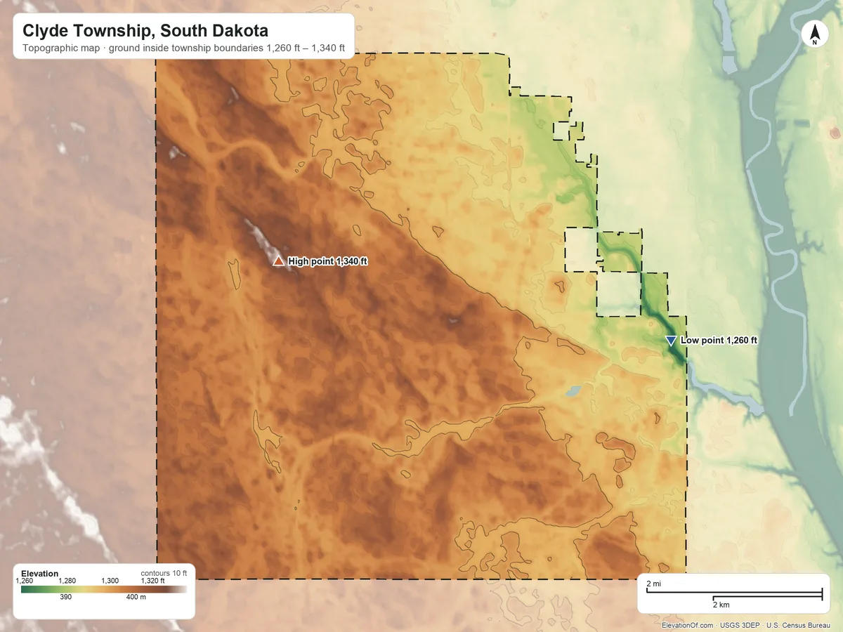 Topographic elevation map of Clyde Township, South Dakota, shaded from 1,260 ft on the east side to 1,340 ft on the west side