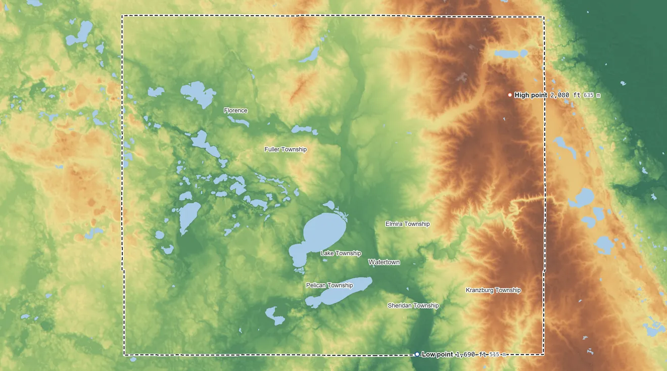 Topographic elevation map of Codington County, South Dakota, shaded from 1,690 ft on the southeast side to 2,080 ft on Punished Womans Mound