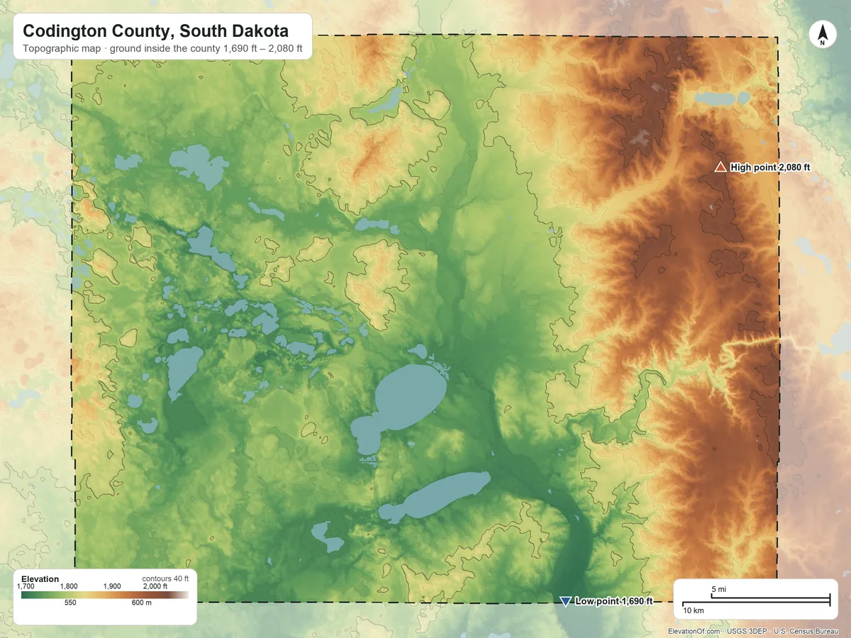 Topographic elevation map of Codington County, South Dakota, shaded from 1,690 ft on the southeast side to 2,080 ft on Punished Womans Mound