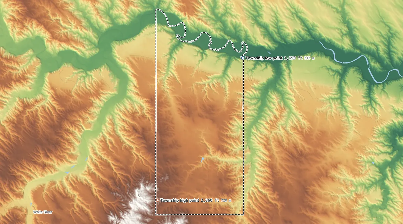 Topographic elevation map of Cody Township, South Dakota, shaded from 1,690 ft on the north side to 2,360 ft on the southwest side