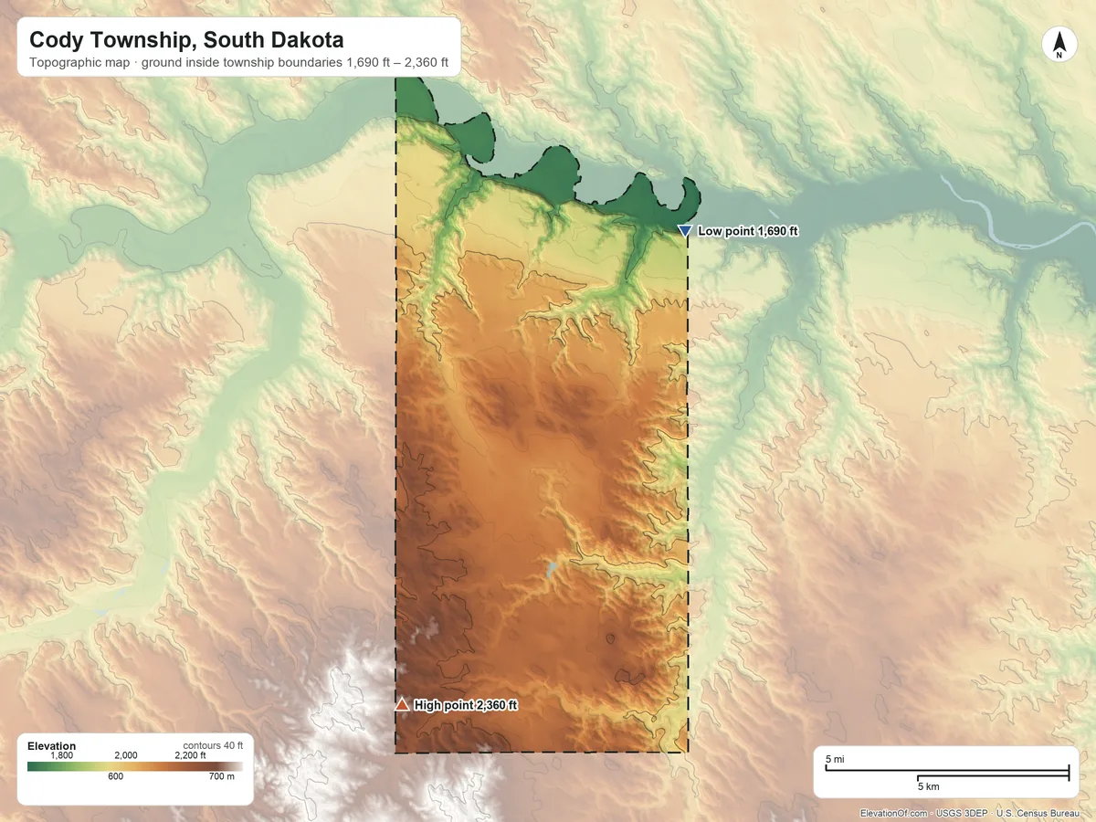 Topographic elevation map of Cody Township, South Dakota, shaded from 1,690 ft on the north side to 2,360 ft on the southwest side