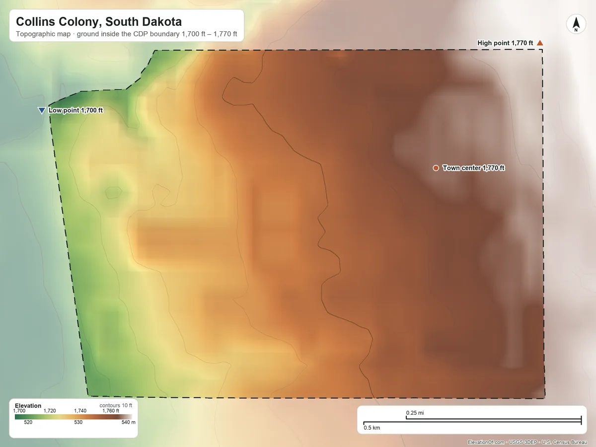 Topographic elevation map of Collins Colony, South Dakota, shaded from 1,700 ft on the west side to 1,770 ft on the northeast side