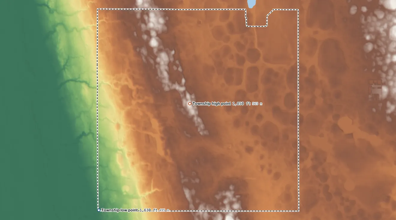 Topographic elevation map of Collins Township, South Dakota, shaded from 1,630 ft on the southwest side to 1,850 ft on the north side