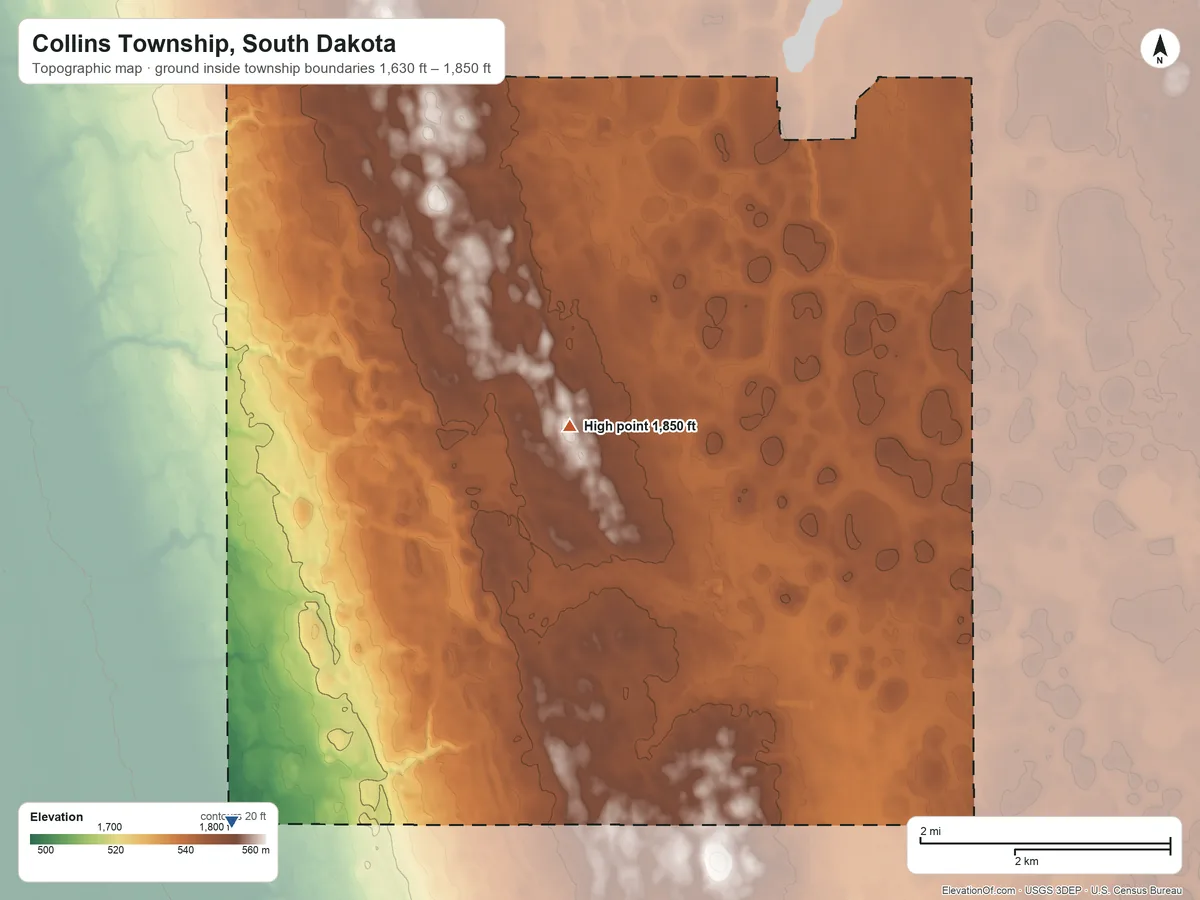 Topographic elevation map of Collins Township, South Dakota, shaded from 1,630 ft on the southwest side to 1,850 ft on the north side