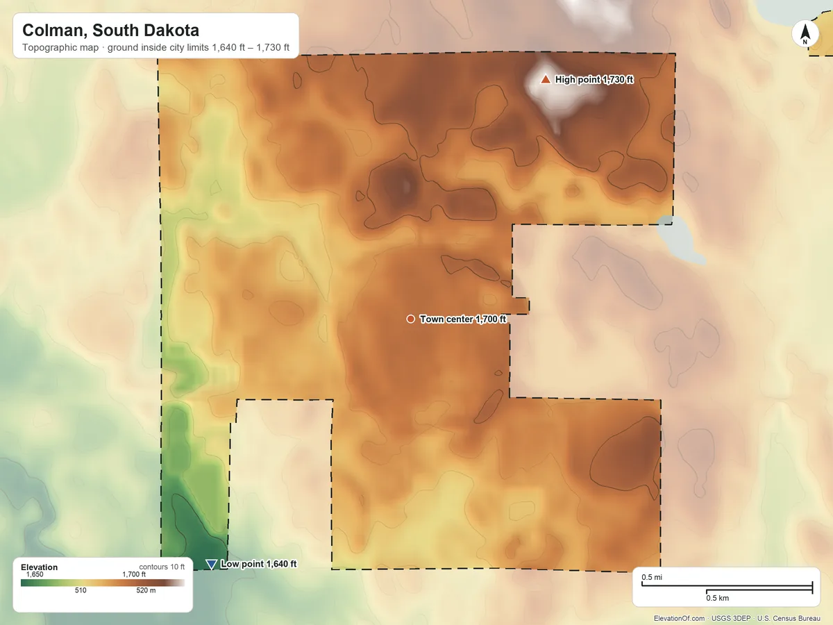 Topographic elevation map of Colman, South Dakota, shaded from 1,640 ft on the southwest side to 1,730 ft on the northeast side