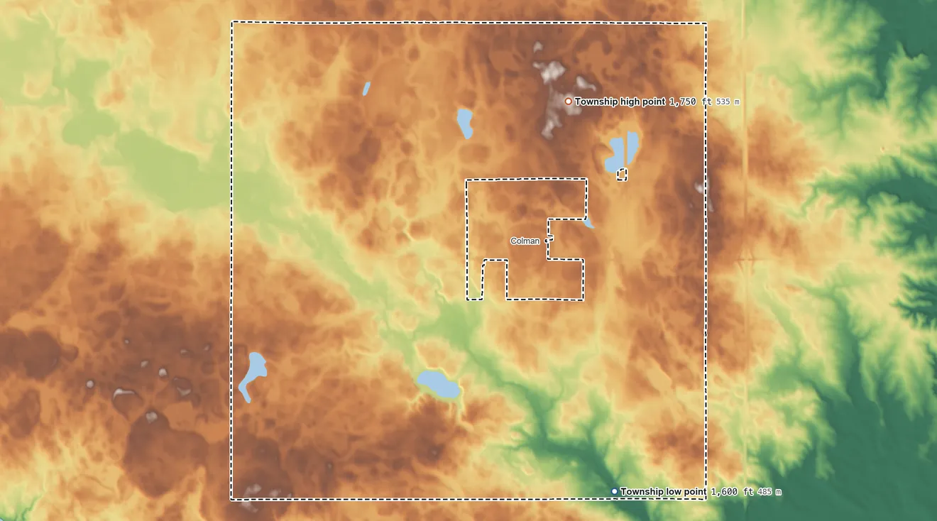 Topographic elevation map of Colman Township, South Dakota, shaded from 1,600 ft on the southeast side to 1,750 ft on the northeast side