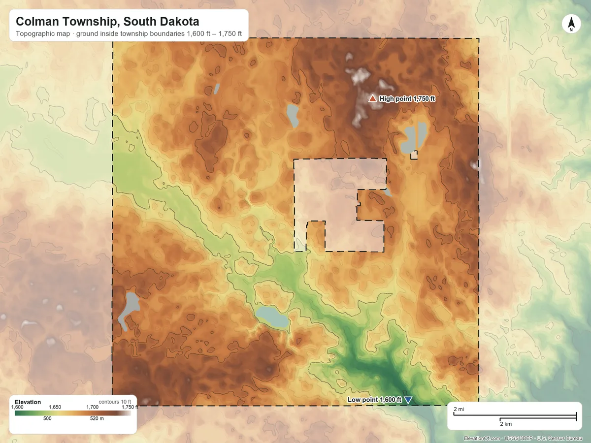 Topographic elevation map of Colman Township, South Dakota, shaded from 1,600 ft on the southeast side to 1,750 ft on the northeast side
