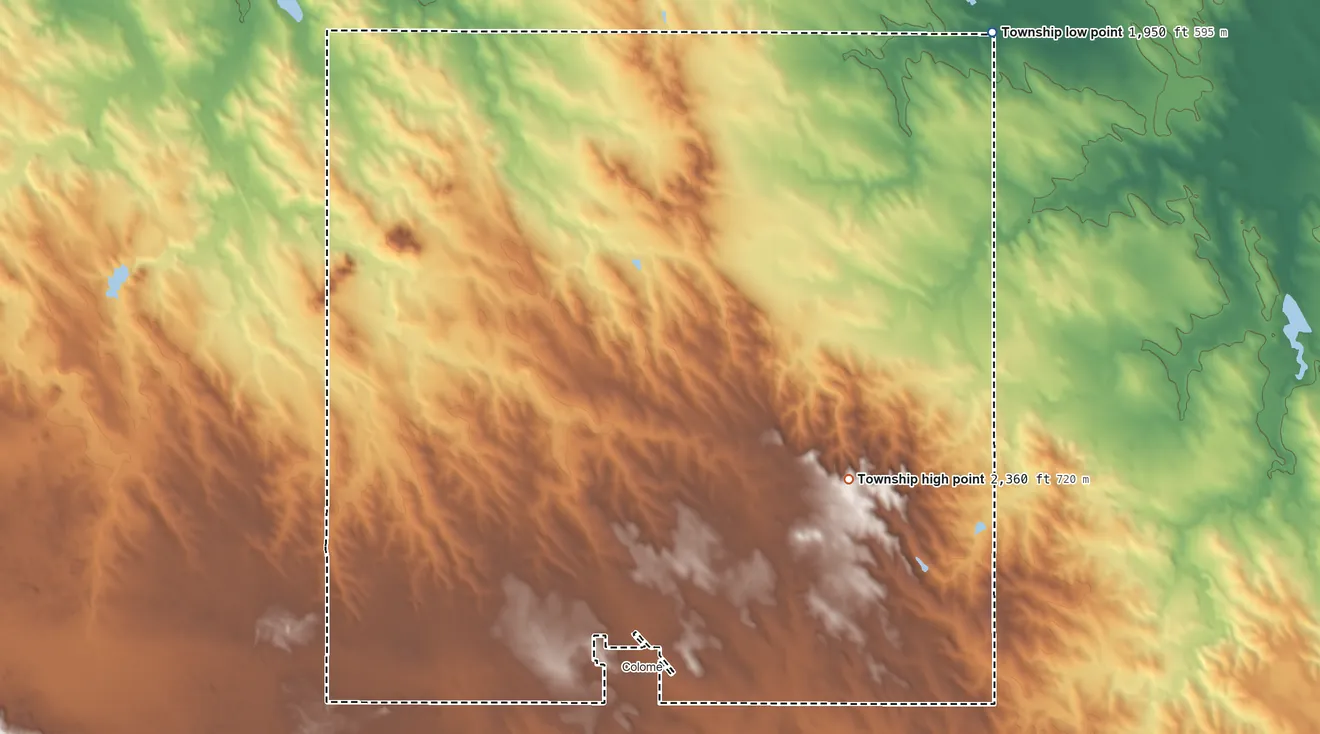 Topographic elevation map of Colome Township, South Dakota, shaded from 1,950 ft on the northeast side to 2,360 ft on the southeast side