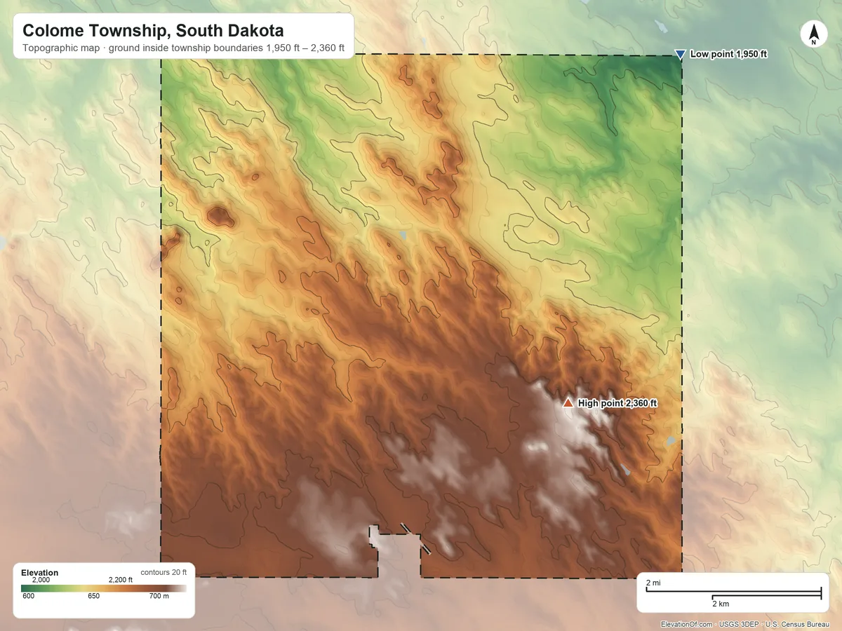 Topographic elevation map of Colome Township, South Dakota, shaded from 1,950 ft on the northeast side to 2,360 ft on the southeast side