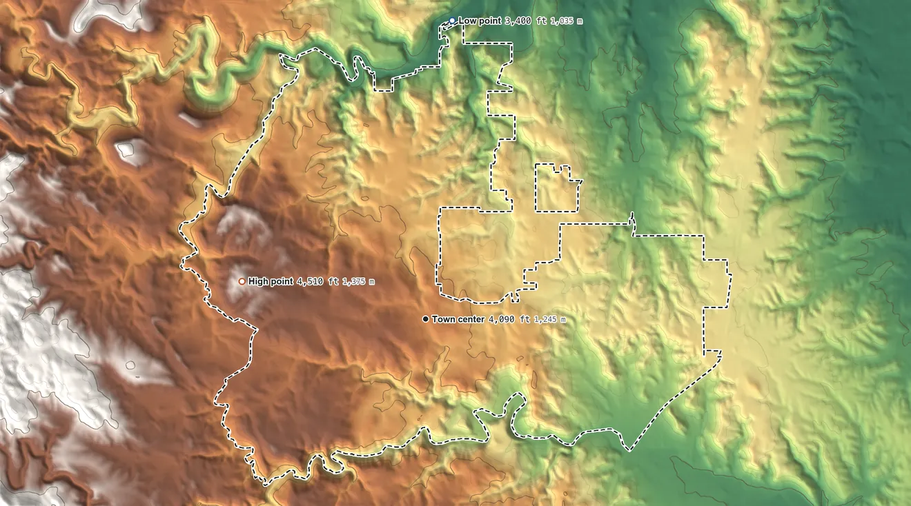 Topographic elevation map of Colonial Pine Hills, South Dakota, shaded from 3,400 ft on the north side to 4,510 ft on the west side
