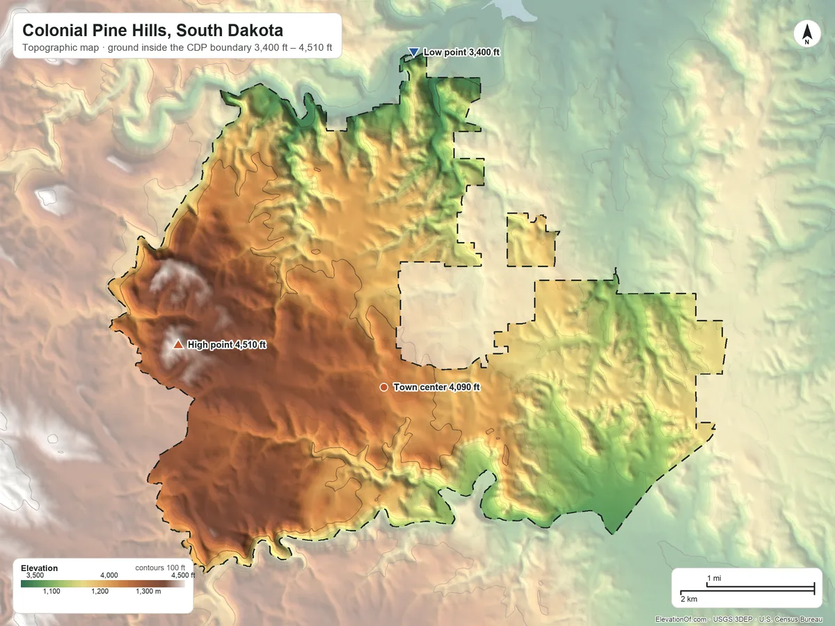 Topographic elevation map of Colonial Pine Hills, South Dakota, shaded from 3,400 ft on the north side to 4,510 ft on the west side