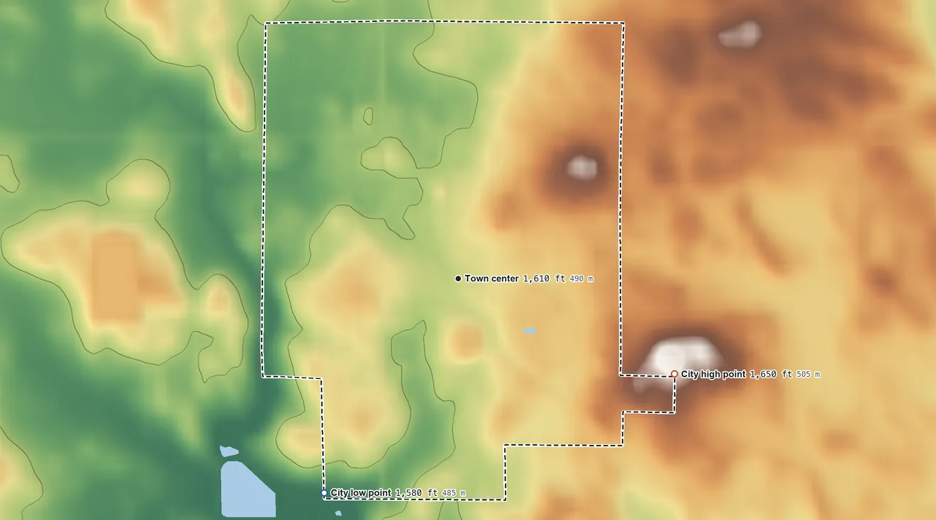 Topographic elevation map of Colton, South Dakota, shaded from 1,580 ft on the southwest side to 1,650 ft on the southeast side