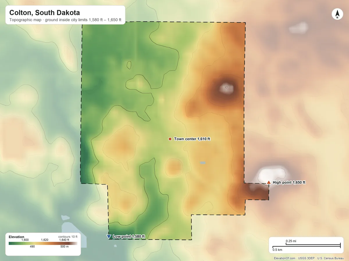 Topographic elevation map of Colton, South Dakota, shaded from 1,580 ft on the southwest side to 1,650 ft on the southeast side