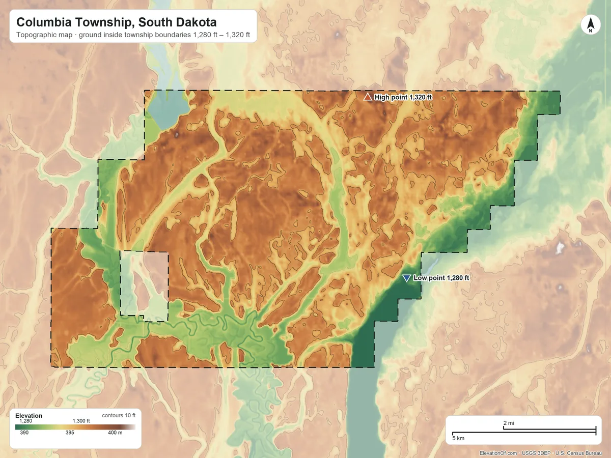 Topographic elevation map of Columbia Township, South Dakota, shaded from 1,280 ft on the east side to 1,320 ft on the north side