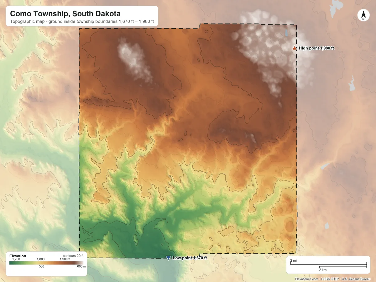 Topographic elevation map of Como Township, South Dakota, shaded from 1,670 ft on the southwest side to 1,980 ft on the northeast side